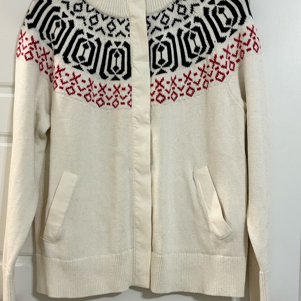 Talbots Ivory Cardigan with Black and Red Design